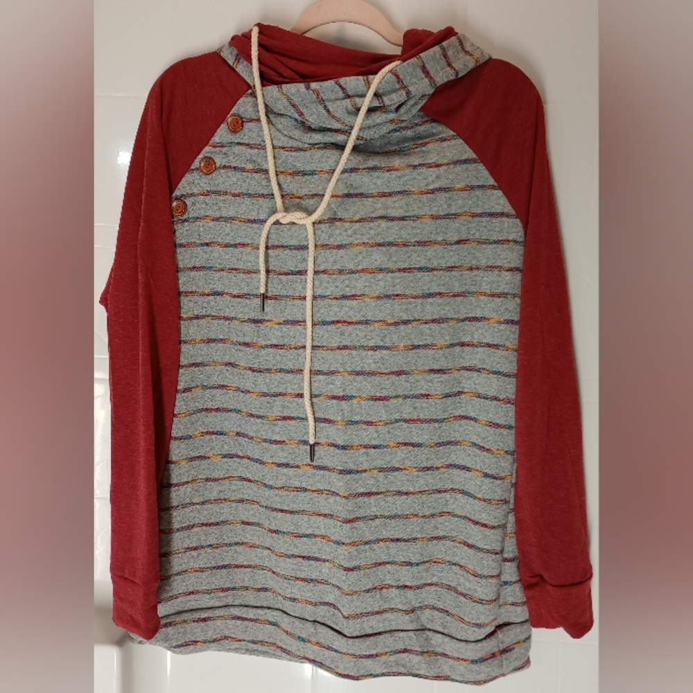 Vanilla Bay Double Hood Grey & Red Pullover Sweatshirt Large